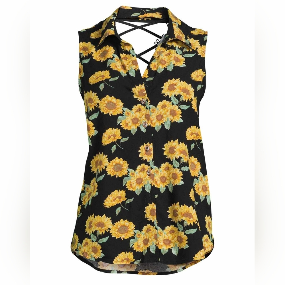 No Boundaries Sunflower Sleeveless Lace Back Shirt Sz XXL